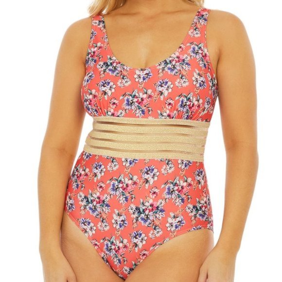 Nicole Miller Floral Coral Swimsuit with Lurex Trim - Picture 1 of 7